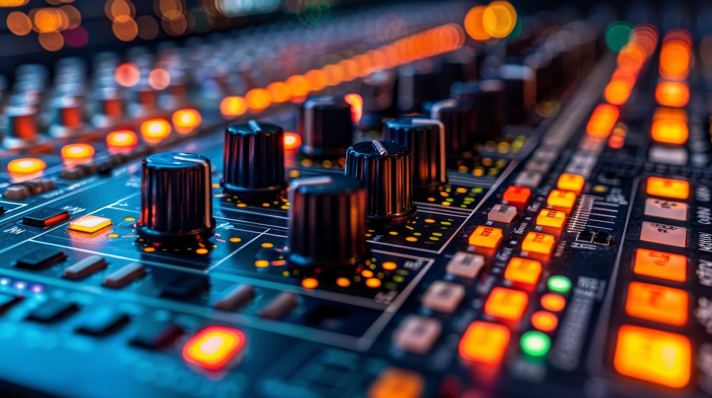 Close-up of a live audio mixing console