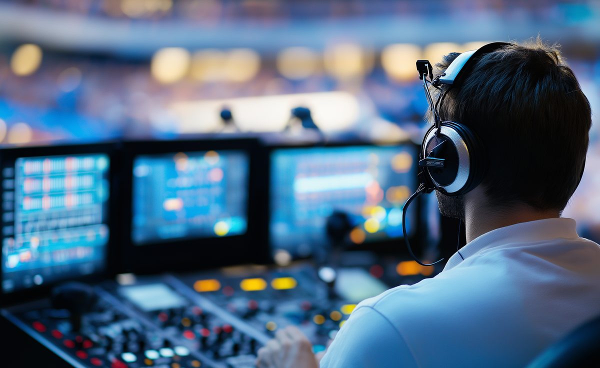 Broadcast operator with headset at a control console