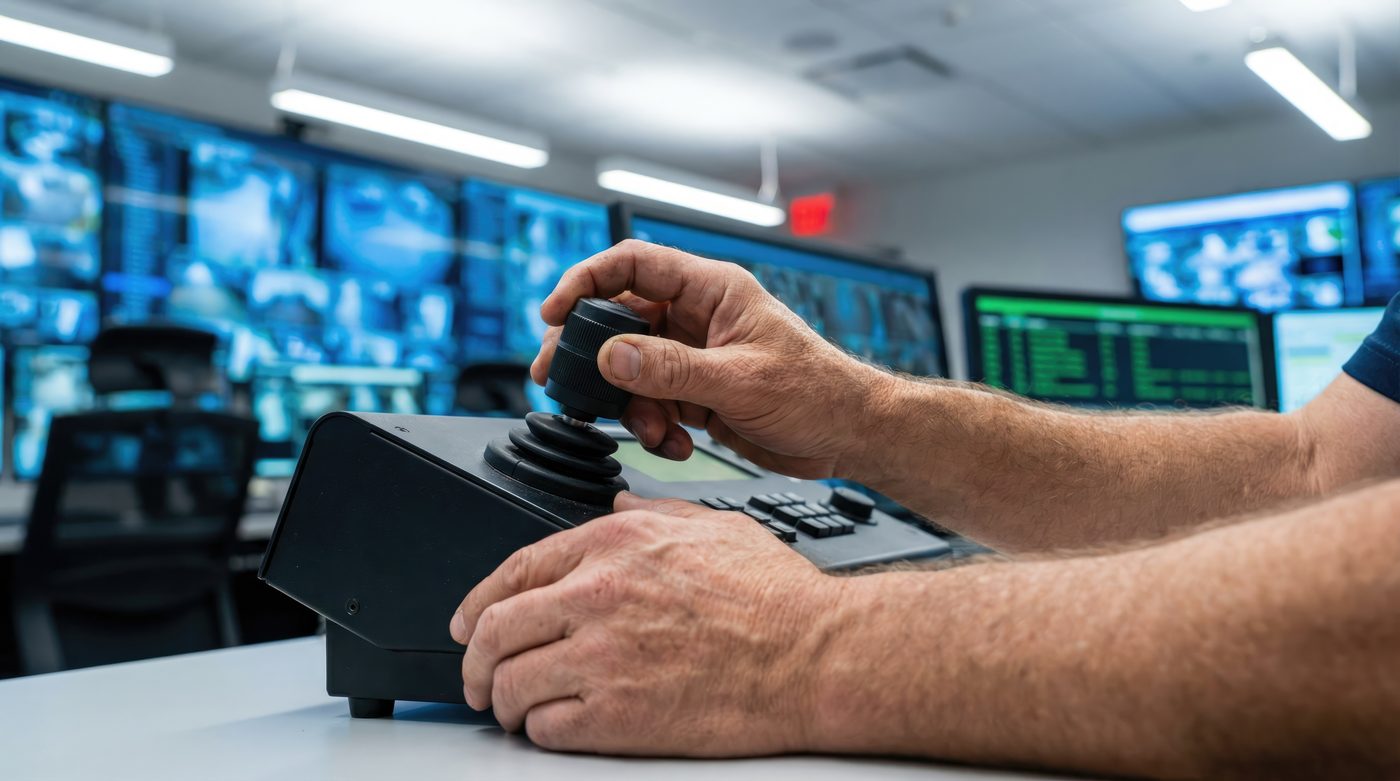 PTZ camera joystick controller in a video control room