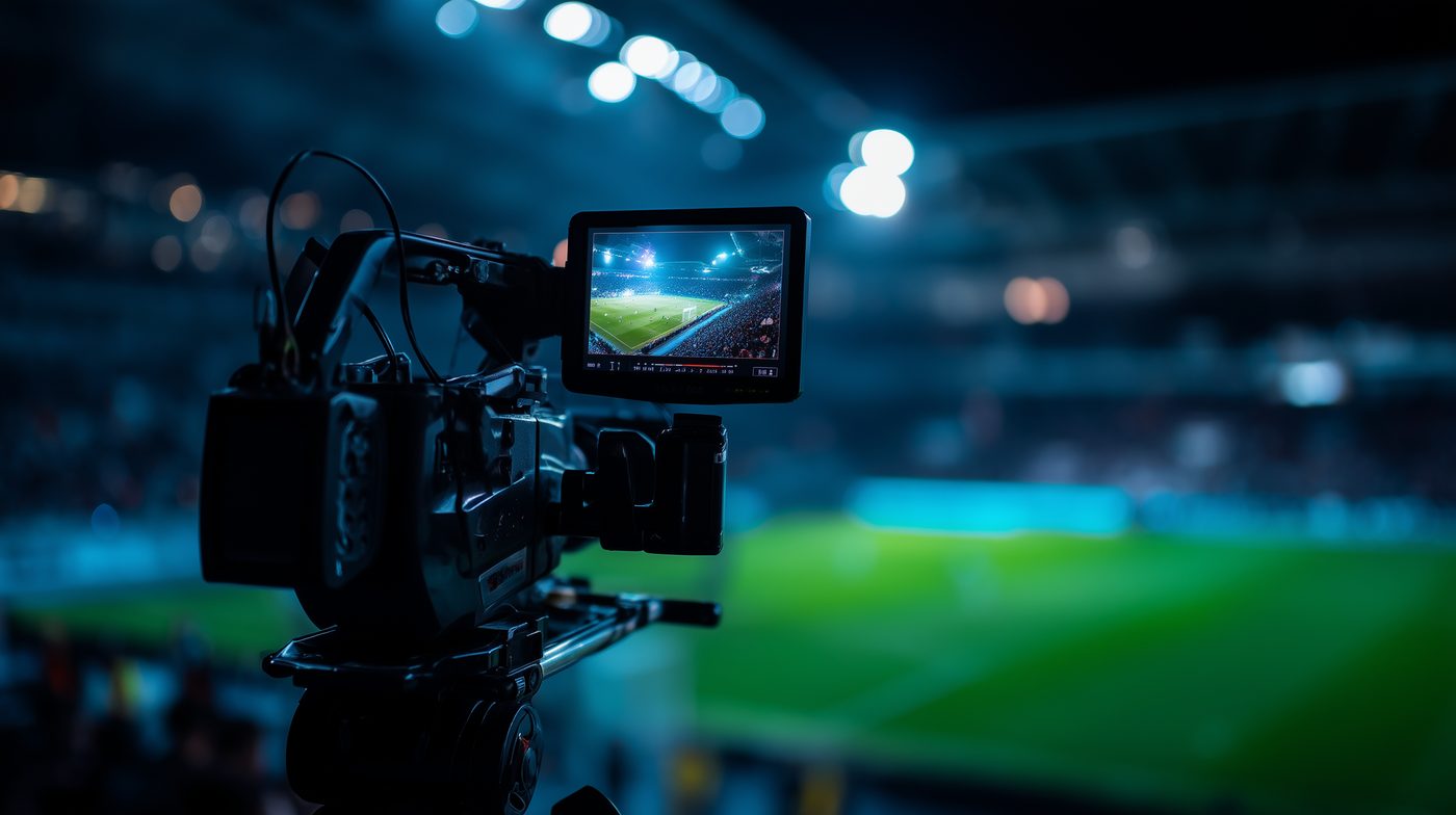 Broadcast camera overlooking a stadium